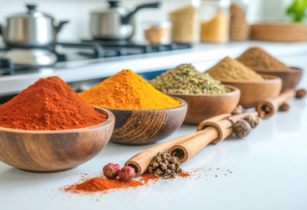 Wandbild: Farben der Küche - Gewürze voller Leben | Auf einer hellen Küchenarbeitsfläche reihen sich verschiedenste Gewürze in edlen Holzschalen aneinander: Paprika, Kurkuma, getrocknete Kräuter und Kreuzkümmel entfalten ihr volles Farb- und Aromenspiel. Im Hintergrund sorgt die moderne Küche mit Gasherd und Gläsern für ein stilvolles, aufgeräumtes Ambiente – ein inspirierendes Stillleben für alle Koch- und Gewürzliebhaber. KI-generierte Inhalte.