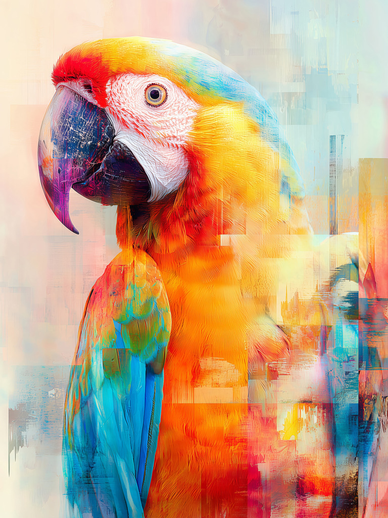 2604014 - Papagei im Rausch der Farben | Ein explosives Farbenmeer. Dieses moderne Motiv im Stile einer Digitalcollage fängt die Essenz eines tropischen Papageis in einem dynamischen, abstrakten Farbrausch ein. Der Hintergrund zerfließt in malerische Strukturen und geometrische Formen.