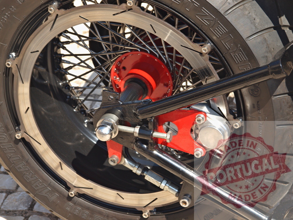 Custom motorcycle wheel featuring red hub and perimeter brake | Custom motorcycle wheel showing spokes, red hub, tire, and perimeter brake system - Realisiert mit Pictrs.com