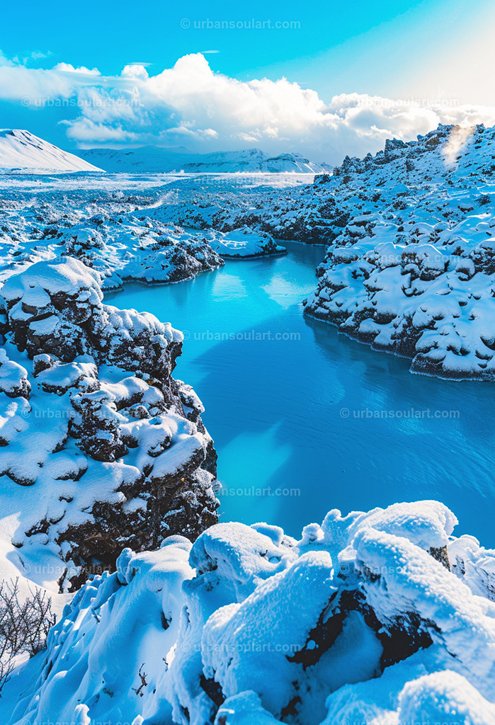 Iceland Lagoon Covered With Snow | A serene winter landscape showing a snow-covered lagoon, with icy blue waters against a backdrop of pure white. This canvas offers a calm, refreshing ambiance, ideal for lovers of winter scenes and peaceful, frosty mornings. - Realisiert mit Pictrs.com