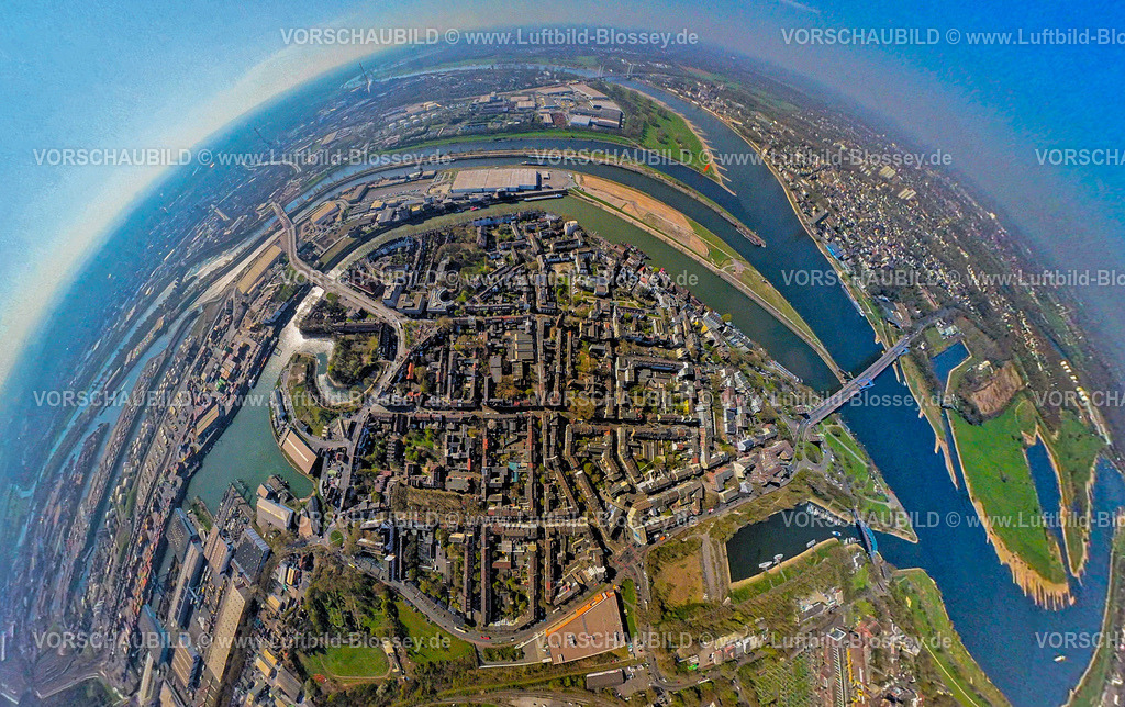 Duisburg250490037DuisportRuhrort | Luftbild, duisport Hafen, Ortsansicht Ruhrort, Duisburger Hafengebiet mit Mercatorinsel und Insel Pontwert, Fluss Ruhr Mündung in den Fluss Rhein und Friedrich-Ebert-Brücke, Erdkugel, Fisheye Aufnahme, Fischaugen Aufnahme, 360 Grad Aufnahme, tiny world, little planet, fisheye Bild, Ruhrort, Duisburg, Ruhrgebiet, Nordrhein-Westfalen, Deutschland