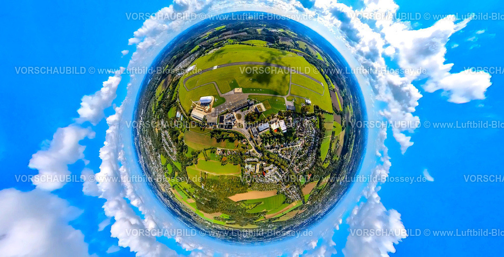 Essen241090024FlughafenEssenMuelheim | Luftbild, Flughafen Essen/Mülheim mit Startbahn und Landebahn, Zeppelinhalle und Flugzeuge, Erdkugel, Fisheye Aufnahme, Fischaugen Aufnahme, 360 Grad Aufnahme, tiny world, little planet, fisheye Bild, Holthausen - Südost, Mülheim an der Ruhr, Ruhrgebiet, Nordrhein-Westfalen, Deutschland