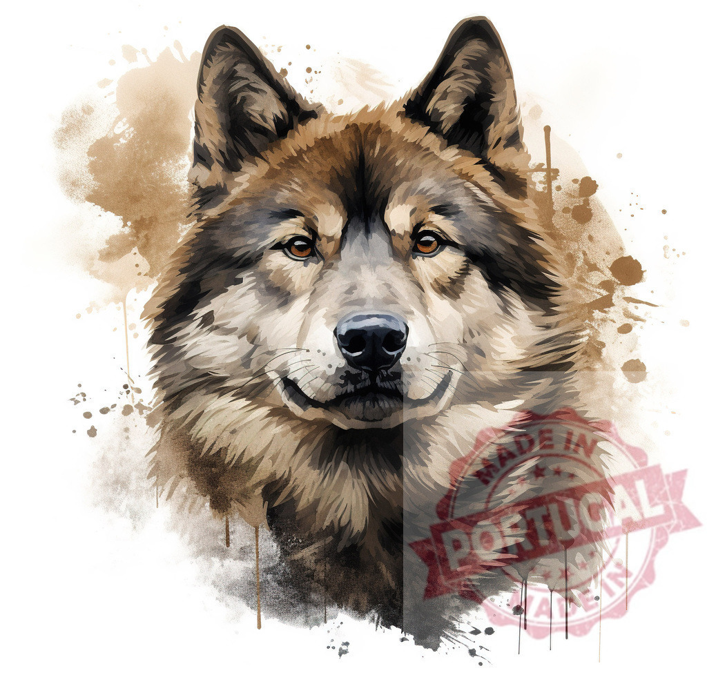 Wolf head portrait watercolor art on white background | Professional artful dog portraits Wolf head with watercolor texture and brown splashes creating an artistic animal portrait - Realized with Pictrs.com