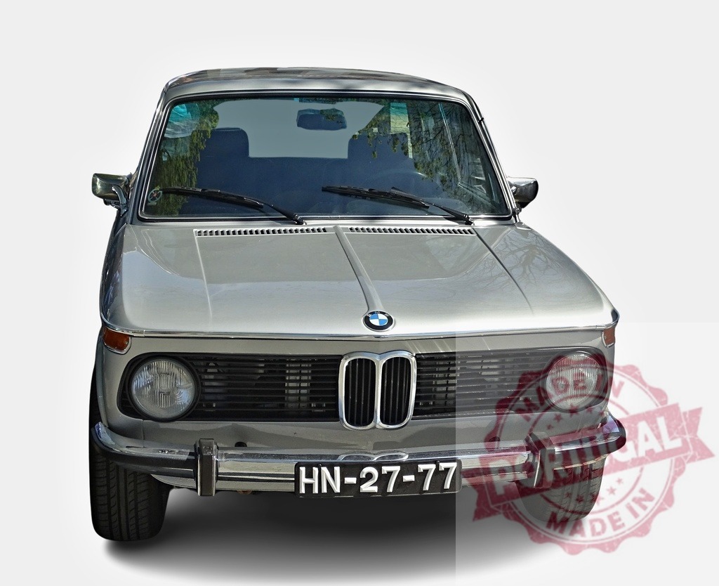 BMW 1602 parking on a white background | Front view of a gray vintage BMW 1602 automobile parked against a white backdrop - Realized with Pictrs.com