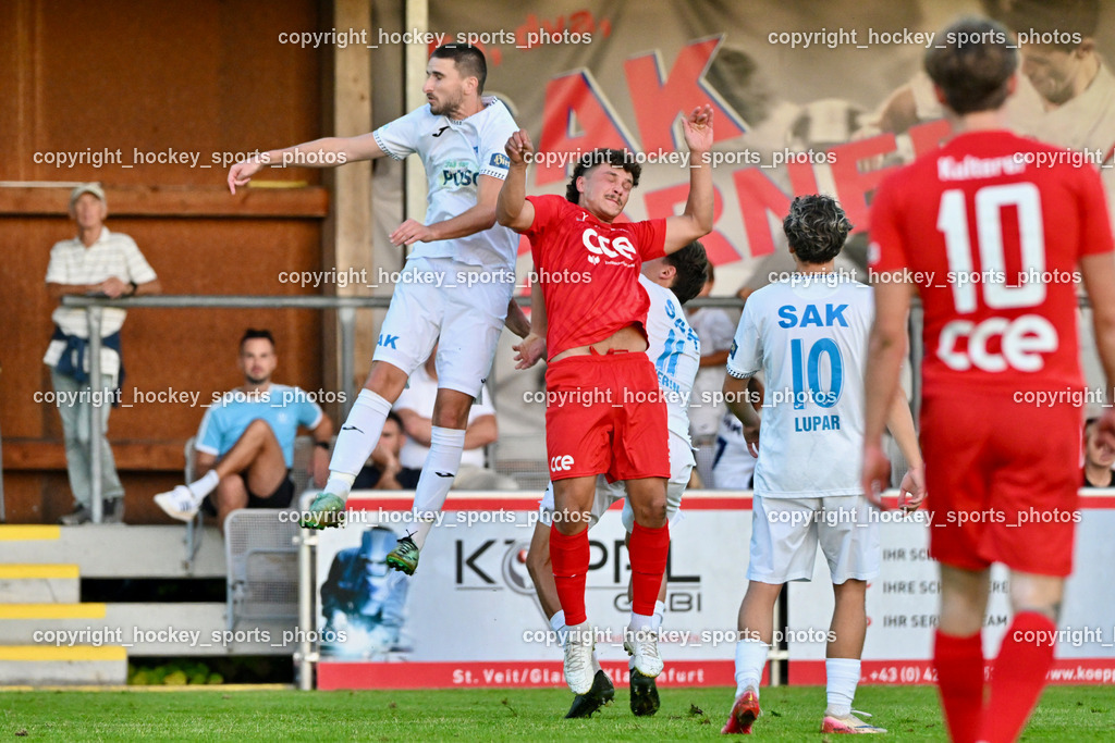 SAK vs. SC St. Veit | #23 Zan Kumer SAK, #50 Davor Ponjavic SC St. Veit, #10 Nando Lupar SAK, #91 Raphael Kulterer SC St. Veit, SAK vs. SC St. Veit, SAK vs. SC St. Veit am 19.09.2025 in Klagenfurt (Sportpark Welzenegg), Austria, (Photo by Bernd Stefan)