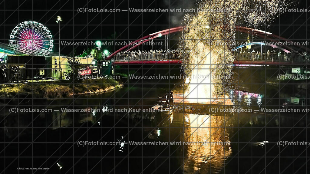 0610_Luftbild_VOLKSFEST-Wlbg_InselFeuer-Show | (C)FotoLois.com, Alois Spandl, Luftbild, Wieselburger VOLKSFEST neu, Feuershow auf der Erlaufinsel unter den Brücken, Do 29. Juni 2023.