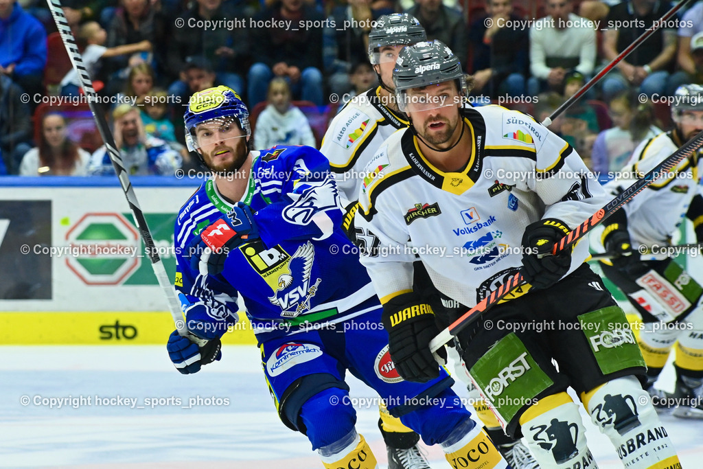 EC IDM Wärmepumpen VSV vs. HC Pustertal 8.10.2023 | #9 RAUCHENWALD Alexander EC VSV, #67 FRYCKLUND Mikael HC Pustertal, EC IDM Wärmepumpen VSV vs. HC Pustertal 8.10.2023, EC IDM Wärmepumpen VSV vs. HC Pustertal am 08.10.2023 in Villach (Stadthalle Villach), Austria, (Photo by Bernd Stefan)