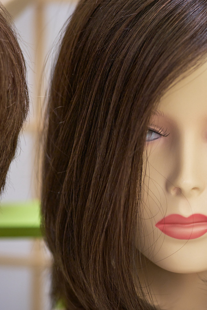 Puppenkopf mit Perücke im Verkaufsraum | WIen, Austria - February 02, 2023; Star Perückensalon GmbH.; Puppenkopf mit Perücke im Geschäftsraum. - Realisiert mit Pictrs.com