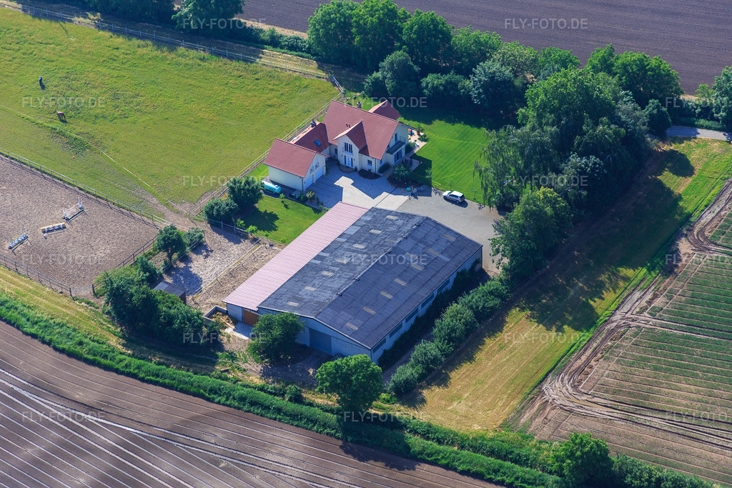 Luftbild: Aussiedlerhof mt Pferdekoppel in Zeiskam im Bundesland Rheinland-Pfalz in Deutschland. Foto: IMG_080976.jpg vom 14.06.2015 durch Werner Riehm/FLY-FOTO.de