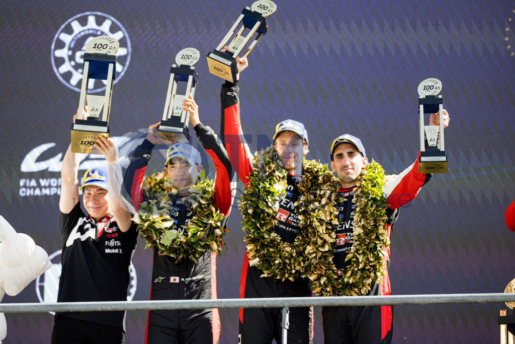 Trainproduction-20230611-0183 | LE MANS,FRANCE,11.Jun.23 - MOTORSPORTS - WEC, FIA World Endurance Championships, 24 Hours of Le Mans, Circuit de la Sarthe, race. Image shows Sebastien Buemi (SUI), Brendon Hartley (NZL) and Ryo Hirakawa (JPN/ Toyota Gazoo Racing). Photo: Trainproduction / Matthias Trinkl