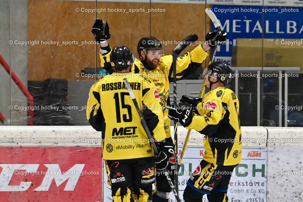 EC Hornets Spittal vs. ESC Steindorf 23.2.2024 | Jubel EC Hornets Spittal, #15 Rossbacher Daniel EC Hornets Spittal, #38 Zorec Marco EC Hornets Spittal, #16 Nageler Daniel EC Hornets Spittal, EC Hornets Spittal vs. ESC Steindorf 23.2.2024, EC Hornets Spittal vs. ESC Steindorf 23.2.2024 am 23.02.2024 in Spittal an der Drau (Eissportzentrum Spittal), Austria, (Photo by Bernd Stefan)