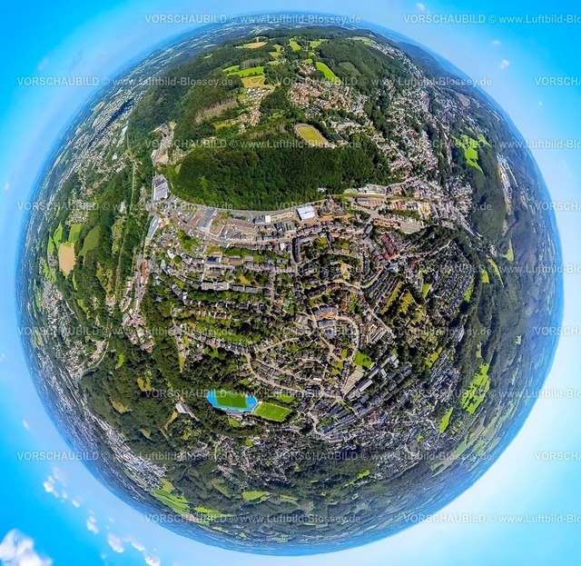 Ennepetal230890017 Mitte | Luftbild, Dorma Sportpark im Wald und Reichenbach-Gymnasium, Erdkugel, Fisheye Aufnahme, Fischaugen Aufnahme, 360 Grad Aufnahme, Altenvoerde, Ennepetal, Ruhrgebiet, Nordrhein-Westfalen, Deutschland