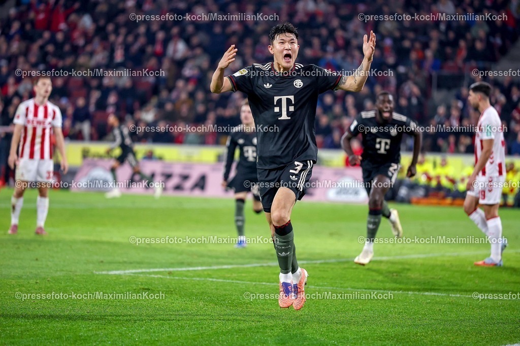 1FC14012601053 | 14.01.2026, Fußball, 1. FC Köln - FC Bayern München, 1. Fußball Bundesliga, 17. Spieltag, RheinEnergie-STADION, Saison 2025 2026: Torjubel nach dem Tor zum 2:1 durch Torschütze Min-jae Kim (FC Bayern Muenchen #03)  zusammen mit   DFB regulations prohibit any use of photographs as image sequences and or quasi-video.