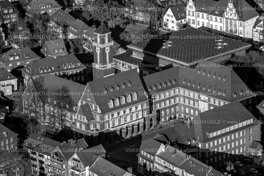 Bottrop240107573 | Luftbild, Rathaus Stadtverwaltung, Schwarz-Weiss Foto, Altstadt, Bottrop, Ruhrgebiet, Nordrhein-Westfalen, Deutschland