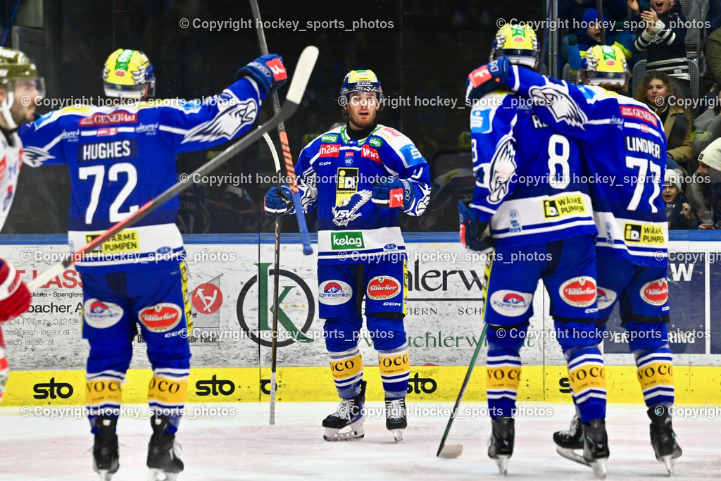 EC IDM Wärmepumpen VSV vs. HCB Südtirol Alperia | Jubel EC VSV Mannschaft, #72 John Hughes EC VSV, #16 Kevin Hancock EC VSV, #8 Maximilian Rebernig EC VSV, #77 Philipp Lindner EC VSV, EC IDM Wärmepumpen VSV vs. HCB Südtirol Alperia, EC IDM Wärmepumpen VSV vs. HCB Südtirol Alperia am 28.12.2025 in Villach (Stadthalle Villach), Austria, (Photo by Bernd Stefan)