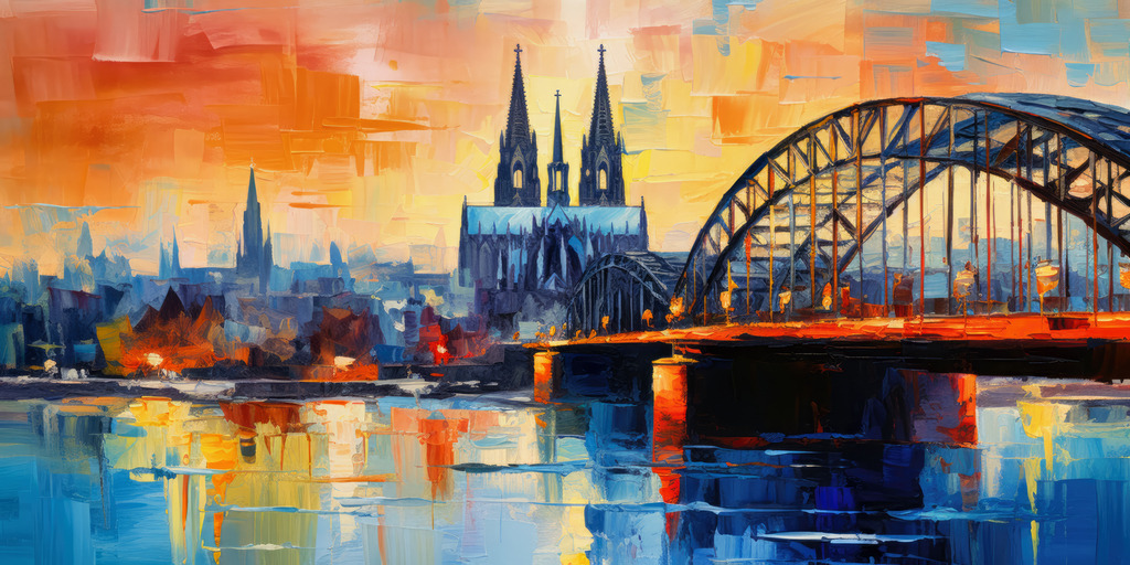 2307174 - Köln | Blick über den Rhein auf den Kölner Dom und die Hohenzollernbrücke. Dieses digital erstellte Bild wirkt mit detaillierten abstrakten Pinselstrichen wie ein Kunstdruck eines echten Ölgemälde