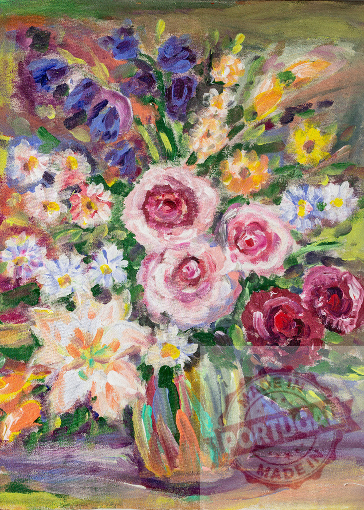 Colorful bouquet of flowers standing in a vase painting depicting roses, lilies, daisies and delphiniums | Colorful impressionist painting of a bouquet of different flowers including roses, lilies, daisies and delphiniums in a vase - Realized with Pictrs.com