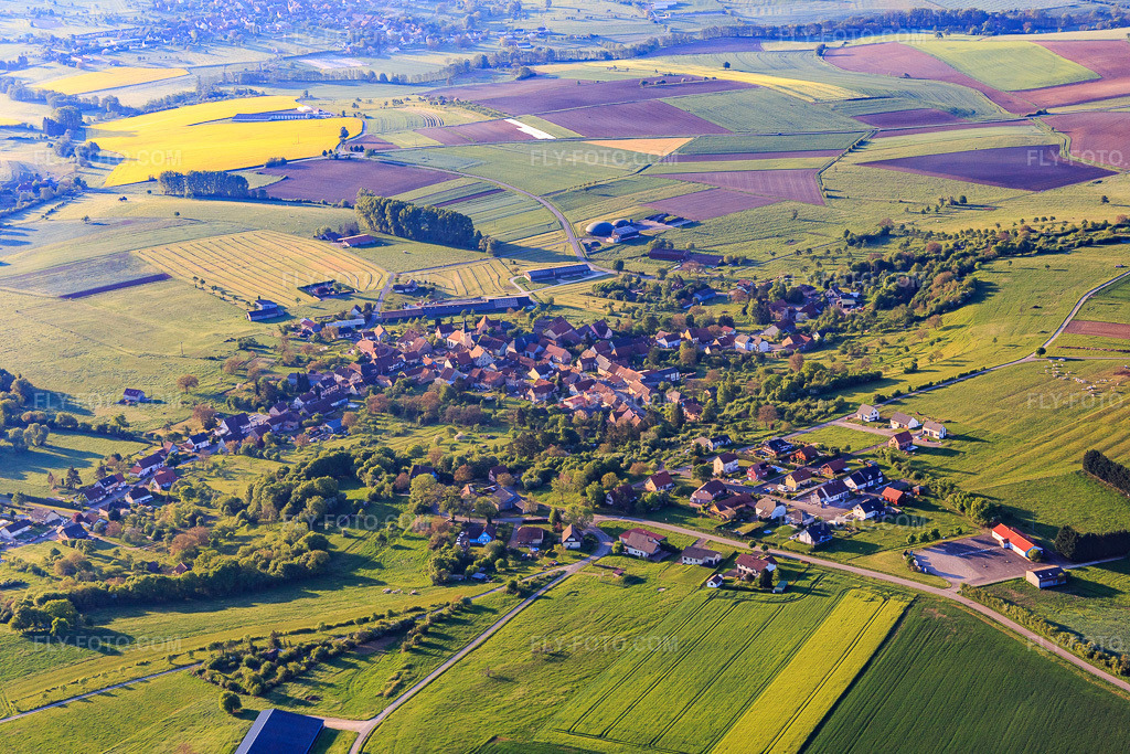 Aerial view: Village overview in the morning from the northwest in Dehlingen in the state Bas-Rhin, France. – Photo: IMG_145911.jpg taken on 05/01/2025 by Werner Riehm/FLY-FOTO.com – Resolution of the original: 5472 x 3648 px