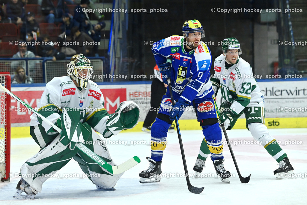 EC IDM WÄRMEPUMPEN VSV vs. FTC-TELEKOM JÉGKORONG | #1 Bence Balizs FTC-Telekom, #91 Nick Hutchison EC VSV, #52 Rasmus Bengtsson FTC-Telekom, EC IDM WÄRMEPUMPEN VSV vs. FTC-TELEKOM JÉGKORONG, EC IDM WÄRMEPUMPEN VSV vs. FTC-TELEKOM JÉGKORONG am 19.10.2025 in Villach (Stadthalle Villach), Austria, (Photo by Bernd Stefan)