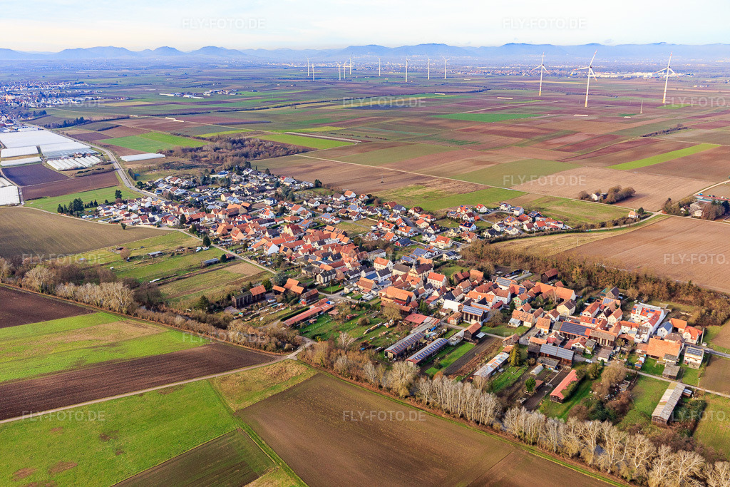 Luftbild: Dorfansicht von Südosten in Herxheimweyher im Bundesland Rheinland-Pfalz in Deutschland. Foto: IMG_145129.jpg vom 04.01.2025 durch Werner Riehm/FLY-FOTO.de