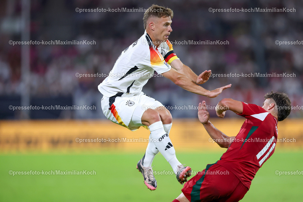 DFB07092401126 | 07.09.2024, Düsseldorf, UEFA Nations League, Deutschland – Ungarn, Merkur Spielarena, Division A, 2024/2025, Gruppe 3: Joshua Kimmich (GER #6) stürzt bei der Ballannahme frontal in Milos Kerkez (HUN #11)DFB regulations prohibit any use of photographs as image sequences and or quasi-video.