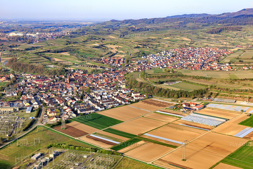 Luftbild: Ortsansicht aus Norden in Eichstetten am Kaiserstuhl im Bundesland Baden-Württemberg in Deutschland. Foto: IMG_126686.jpg vom 25.04.2021 durch Werner Riehm/FLY-FOTO.de