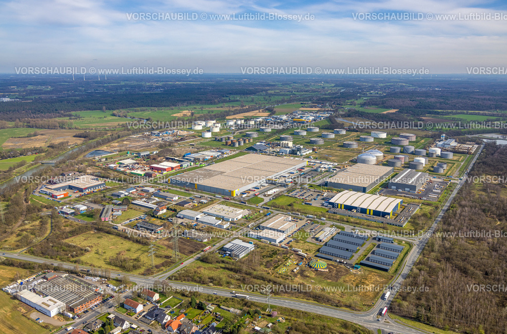 Huenxe240309807 | Luftbild, Industriepark und Gewerbepark Bucholtwelmen-West mit LGI Logistics Solution GmbH Logistikdienst, Tanklager TanQuid GmbH & Co.KG, Bucholtwelmen, Hünxe, Nordrhein-Westfalen, Deutschland
