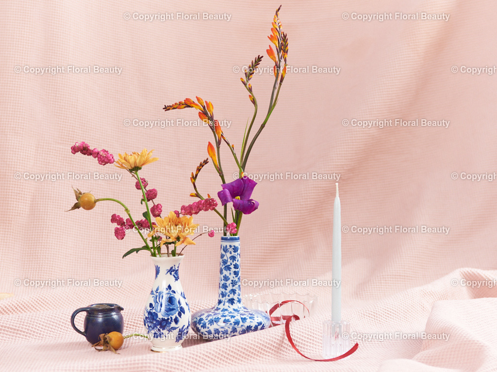 Blau-weiße Vasen mit Montbretien auf rosa | Zwei kleine blau-weiße Vasen mit orangen Montbretien auf rosa Untergrund als querformatiges Wandbild. - Realisiert mit Pictrs.com