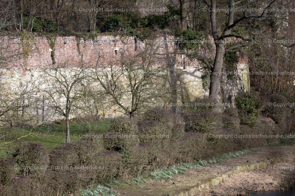 Stadtmauer, Westerholtsche Wiese, Münster | An der Westerholtschen Wiese in Münster befinden sich bedeutende Überreste der historischen Stadtmauer sowie eine seltene Kasematte. Während die Stadtbefestigung Ende des 18. Jahrhunderts größtenteils abgetragen und zur Promenade umgestaltet wurde, blieb dieser Abschnitt aufgrund seiner strategischen Lage an der Aa erhalten. In diesem Bereich ist eine der wenigen erhaltenen Kasematten (bombensichere Gewölbe) der Stadtbefestigung zugänglich. Sichtbar sind massive Mauerreste aus Bruchstein, die den Übergang zwischen der mittelalterlichen Stadtmauer und den barocken Wallanlagen markieren. Die Mauerreste liegen direkt am Rand der Westerholtschen Wiese, einer Grünanlage zwischen dem Schlossplatz und der Aa. Historisch bot dieser Punkt einen markanten Blick von der Stadtmauer über die Aa-Niederung, die früher als Verteidigungshindernis diente. - Realisiert mit Pictrs.com