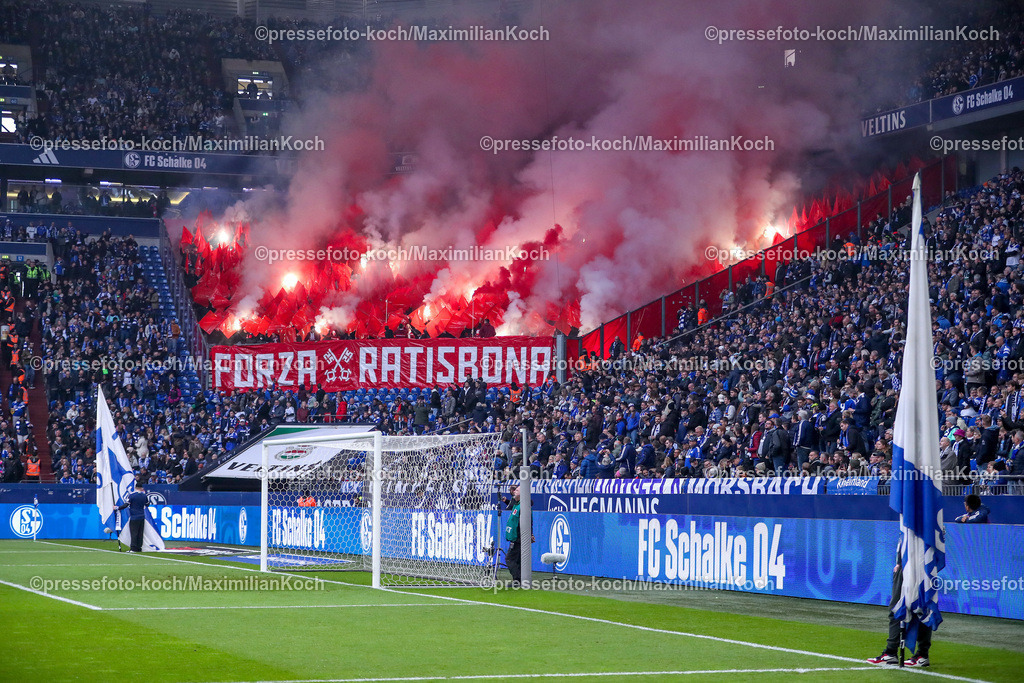 Schalke10112401007 | 10.11.2024, Fußball, FC Schalke 04 - SSV Jahn Regensburg, 2. Fußball Bundesliga, Veltins-Arena Gelsenkirchen, Saison 2024 2025: Ultras im Gästeblock zünden bengalisches FeuerDFB regulations prohibit any use of photographs as image sequences and or quasi-video.