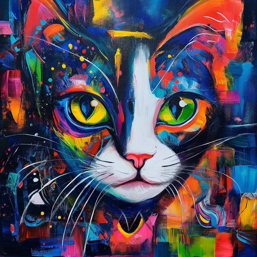 2502027 - Buntes Katzengemälde | Eine Katze im Stil eines modernen bunten Gemäldes. Bestellen Sie dieses Motiv als hochwertigen Kunstdruck auf Leinwand, hinter Acrylglas, auf Alu-Dibond oder als Poster.