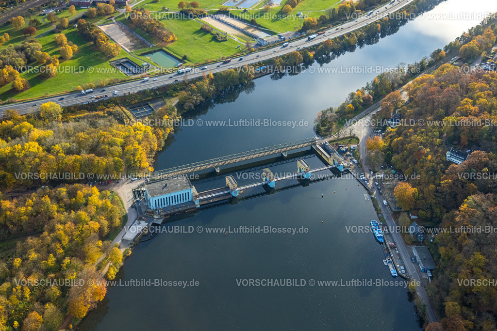 Hagen251102875 | Luftbild, Laufwasserkraftwerk Hengstey und Hengsteysee Brücke Ost, herbstliche Bäume, Boele, Hagen, Ruhrgebiet, Nordrhein-Westfalen, Deutschland
