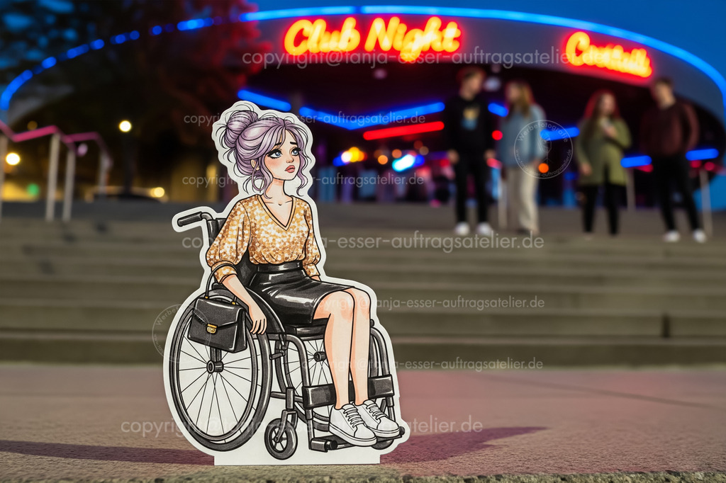 Papier Frau Rollstuhl Club D | Eine Papierfigur in unscharfer Umgebung. Eine junge Frau im Party Outfit sitzt in einem Rollstuhl. Sie ist traurig, denn sie kann die Treppe nicht hinauf gelangen, wo ein Nachtclub ist.