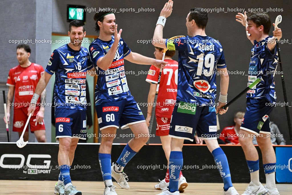 KAC Floorball vs. VSV Unihockey | Jubel VSV Unihockey, #6 Timo Schmid VSV Unihockey, #60 Thomas Unterweger VSV Unihockey, #19 Philipp Seiser VSV Unihockey, KAC Floorball vs. VSV Unihockey, KAC Floorball vs. VSV Unihockey am 21.03.2026 in Klagenfurt (Ballspielhalle Waidmannsdorf), Austria, (Photo by Bernd Stefan)