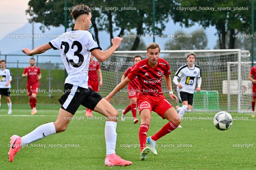 SV Spittal 1921 vs. SV St. Jakob  | #23 Tobias Tollschein SV Spittal, #17 Sebastian Bauer St.Jakob, SV Spittal 1921 vs. SV St. Jakob , SV Spittal 1921 vs. SV St. Jakob  am 20.09.2024 in Spittal an der Drau (Goldeck Stadion), Austria, (Photo by Bernd Stefan)