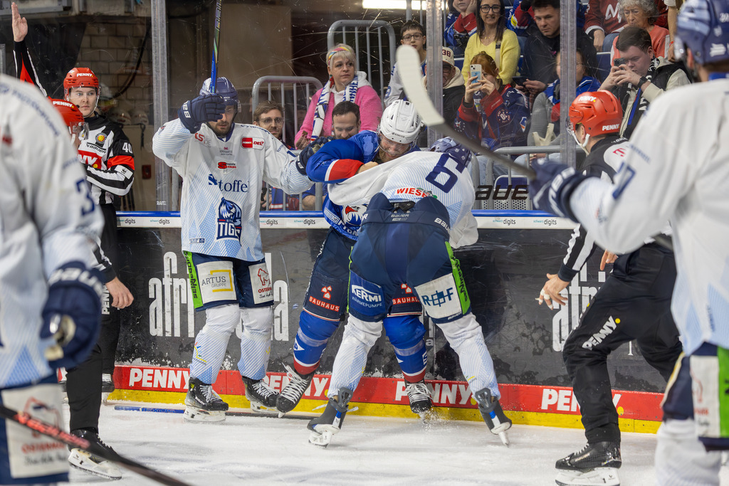 DEL, Deutsche Eishockey Liga Saison 2025/26, 47. Spieltag: Adler Mannheim gegen Straubing Tigers | DEL, Deutsche Eishockey Liga Saison 2025/26, 47. Spieltag: Adler Mannheim gegen Straubing Tigers***Faustkampf zwischen Hayden Shaw (82, Mannheim) und Alex Green (6, Straubing) - Realisiert mit Pictrs.com
