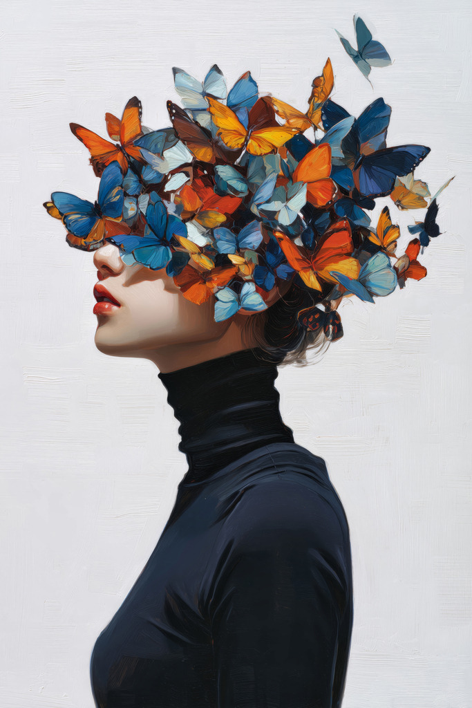 frau mit schmetterlingen modernes wandbild im stil eines gemaeldes | Moderne Wandbilder auf Leinwand, Acylglas, Alu-Dibond oder als Poster. Tauchen Sie ein in die Welt KI-generierter Kunstwerke - entdecken Sie hochwertige Kunstdrucke unserer Gemälde, Illustrationen und fotorealistischen Motive.