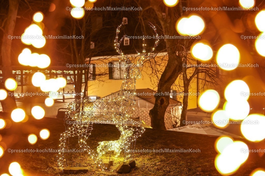 Wup12122501003 | 12.12.2026, Wuppertal, Weihnachtsmarkt Haus Schloss Lüntenbeck. Eine Lichterfigur eines Hirsch Lichter Figur Lichterketten