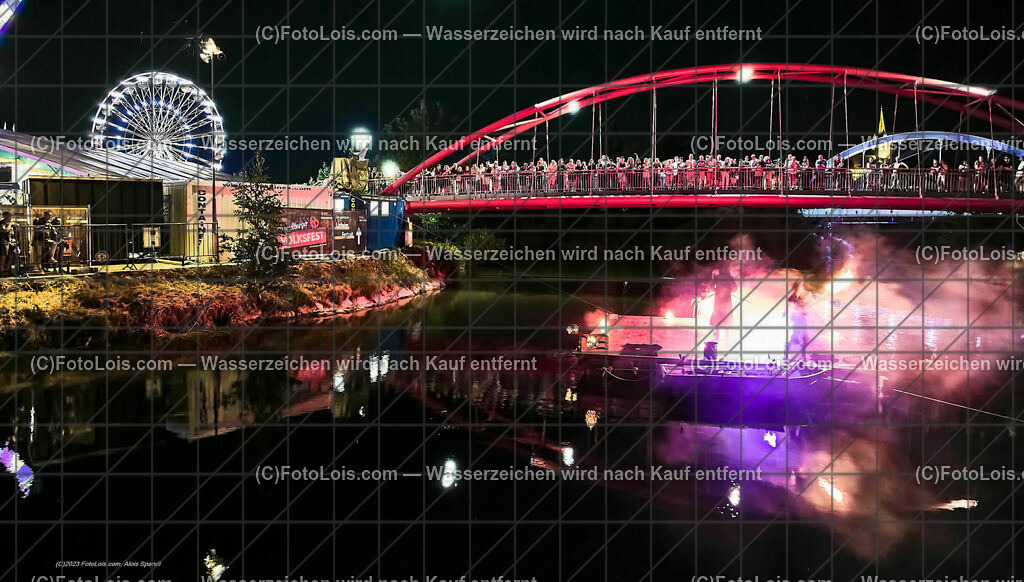 0585_Luftbild_VOLKSFEST-Wlbg_InselFeuer-Show | (C)FotoLois.com, Alois Spandl, Luftbild, Wieselburger VOLKSFEST neu, Feuershow auf der Erlaufinsel unter den Brücken, Do 29. Juni 2023.