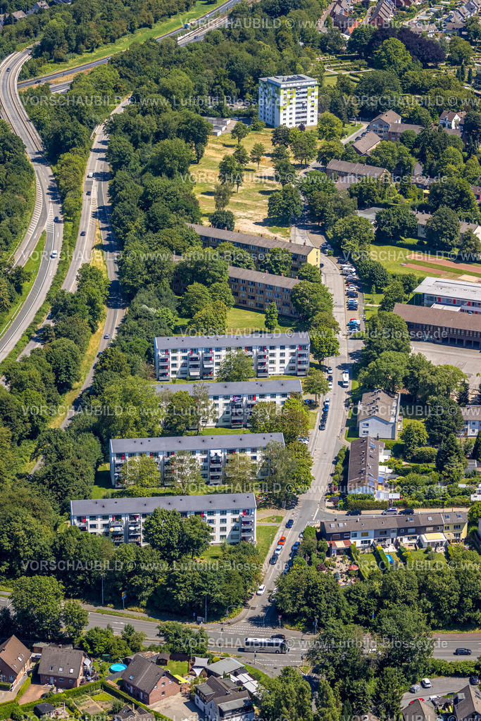 Muelheim230704074 | Luftbild, Wohnhäuser Reihenhäuser an der Eichbaumsiedlung, Filchnerstraße, Autobahn A40, Heißen - Süd, Mülheim an der Ruhr, Ruhrgebiet, Nordrhein-Westfalen, Deutschland