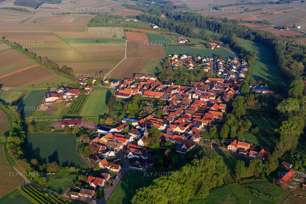Luftbild: Ortsansicht von Osten im Ortsteil Klingen in Heuchelheim-Klingen im Bundesland Rheinland-Pfalz in Deutschland. Foto: IMG_113849.jpg vom 01.05.2019 durch Werner Riehm/FLY-FOTO.de
