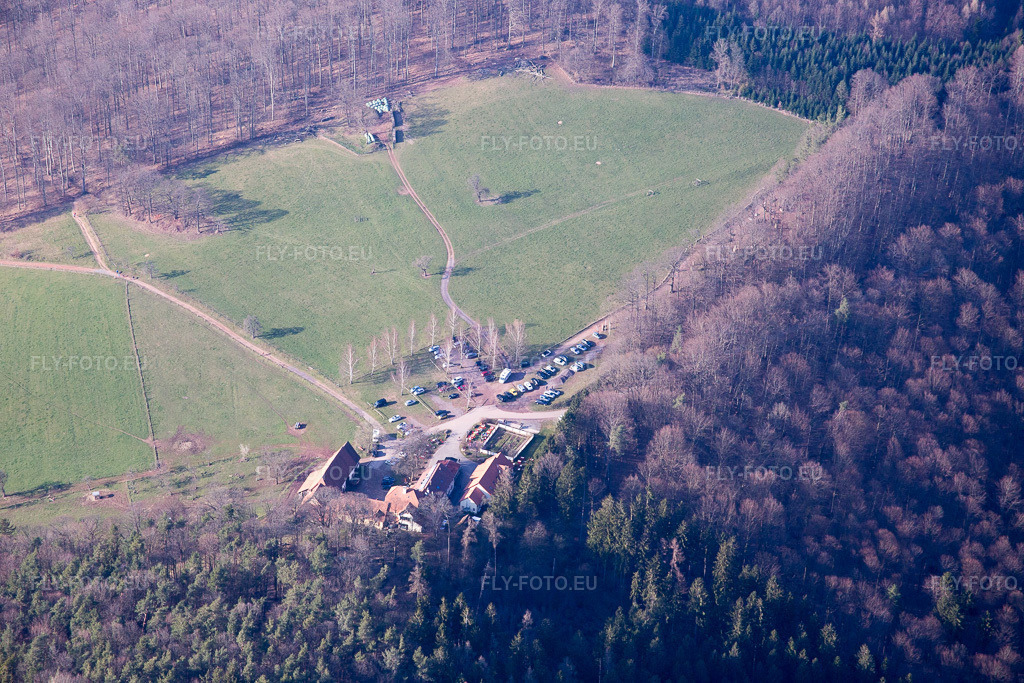 Vue aérienne: Gimbelhof à Wingen dans le département Bas Rhin, France. Photo: IMG_086695.jpg prise le 26/03/2016 par Werner Riehm/FLY-FOTO.euRésolution de l'original: 5472 x 3648 px