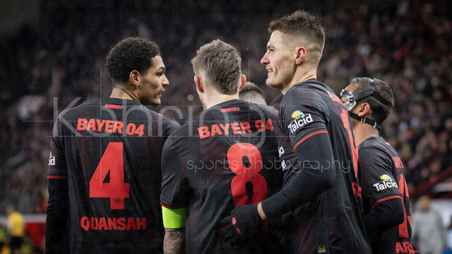 Bayer 04 Leverkusen vs. FC St. Pauli, 03.02.2026 | LEVERKUSEN, GERMANY - FEBRUARY 3:  Patrik Schick (Bayer 04 Leverkusen, 14) celebrates scoring his team's second goal with teammates Jarell Quansah (Bayer 04 Leverkusen, 4), Robert Andrich (Bayer 04 Leverkusen, 8) and Arthur (Bayer 04 Leverkusen, 13) during the DFB Cup quarter-final match Bayer 04 Leverkusen vs. FC St. Pauli at BayArena on February 3, 2026 in Leverkusen, Germany. (Photo by Axel Kohring/Beautiful Sports Int.)DFL REGULATIONS PROHIBIT ANY USE OF PHOTOGRAPHS AS IMAGE SEQUENCES AND/OR QUASI-VIDEO.
