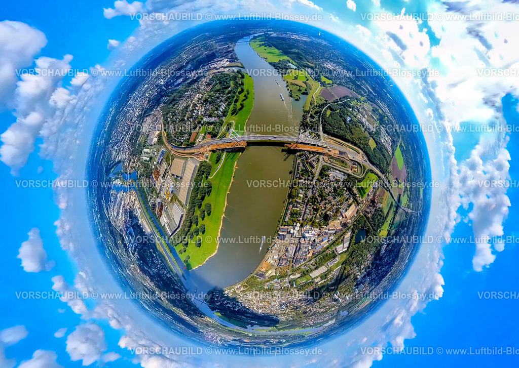 Duisburg241090046RheinA40Bruecke | Luftbild, Autobahn A40 Rheinbrücke Neuenkamp mit Baustelle, Erdkugel, Fisheye Aufnahme, Fischaugen Aufnahme, 360 Grad Aufnahme, tiny world, little planet, fisheye Bild, Alt-Homberg, Duisburg, Ruhrgebiet, Nordrhein-Westfalen, Deutschland