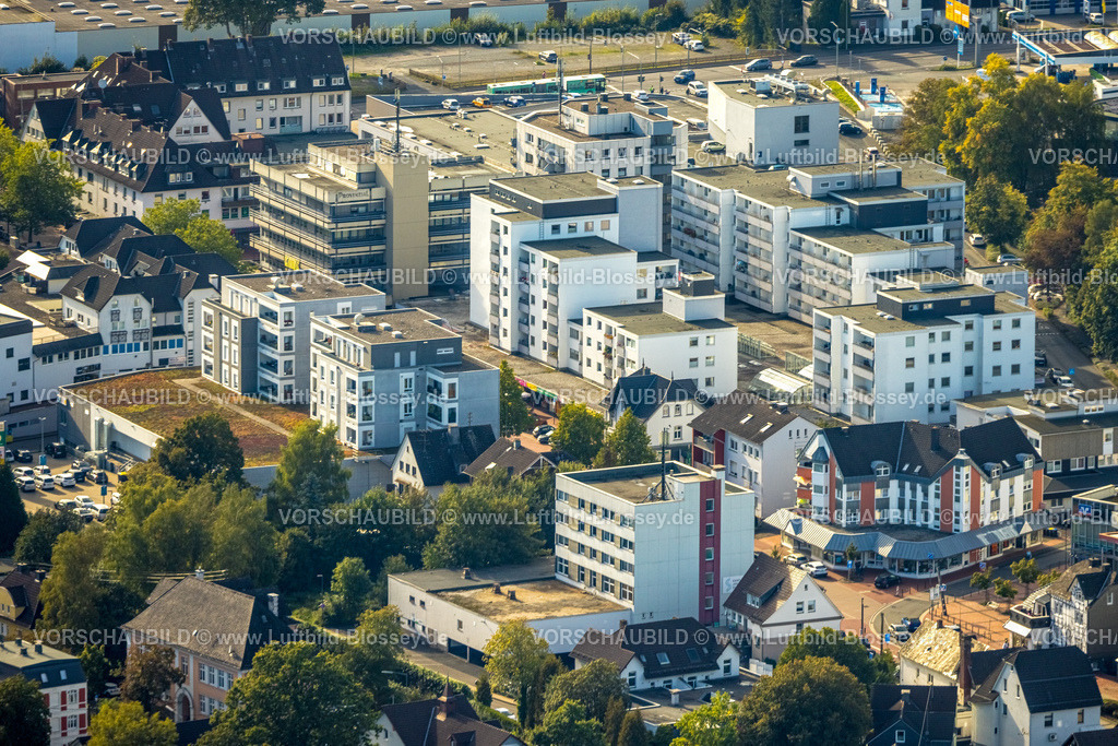 Kreuztal230911608 | Luftbild, Wohnhäuser und Einkaufszentrum Marburger Straße Einkaufsstraße und Fußgängerzone mit Marktplatz, Kreuztal, Siegerland, Nordrhein-Westfalen, Deutschland