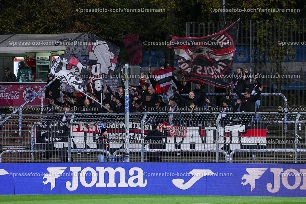 xYDR31102501044 | 31.10.2025, xydrx, Fußball, 3.Liga, FC Viktoria Köln - FC Ingolstadt 04, Saison 2025 2026, Sportpark Höhenberg: Auswärtsblock der Ingolstadt Fans   DFB regulations prohibit any use of photographs as image sequences and or quasi-video.