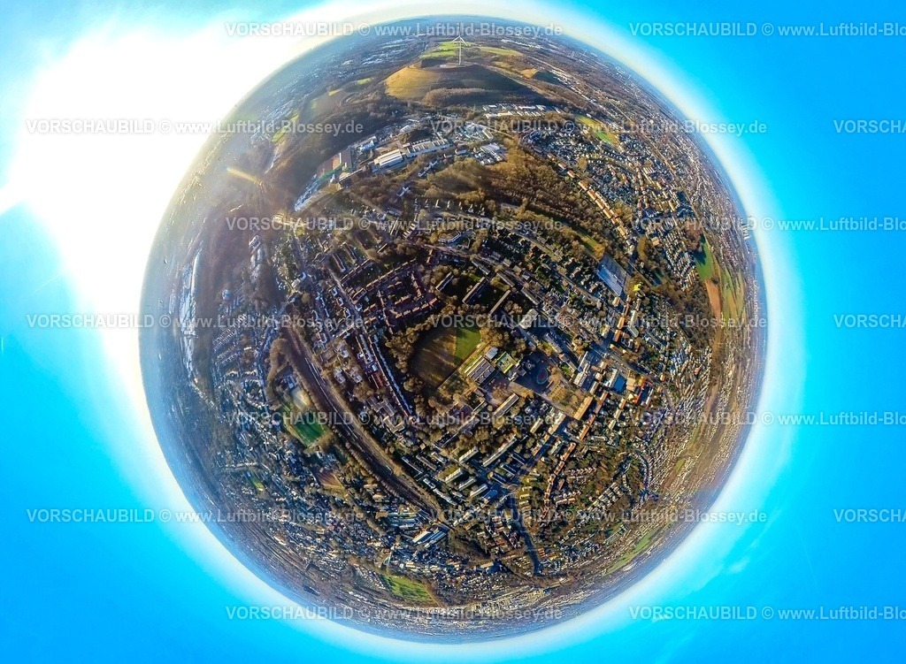 Gladbeck240190229Brauck_HorsterStrasse | Luftbild, Ortsansicht Wohngebiet Ortsteil Brauck, Horster Straße Verkehrsinfrastruktur, Schulzentrum Brauck, Erdkugel, Fisheye Aufnahme, Fischaugen Aufnahme, 360 Grad Aufnahme, tiny world, little planet, fisheye Bild, Brauck, Gladbeck, Ruhrgebiet, Nordrhein-Westfalen, Deutschland