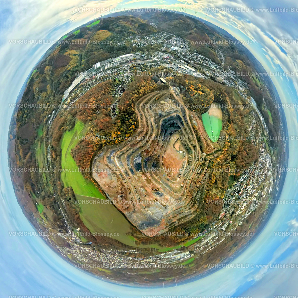Hagen251101933fish-eye | Luftbild, Steinbruch Steltenberg, Bäume in Herbstfarben, Erdkugel, Fisheye Aufnahme, Fischaugen Aufnahme, 360 Grad Aufnahme, tiny world, little planet, fisheye Bild, Hohenlimburg, Hagen, Ruhrgebiet, Nordrhein-Westfalen, Deutschland