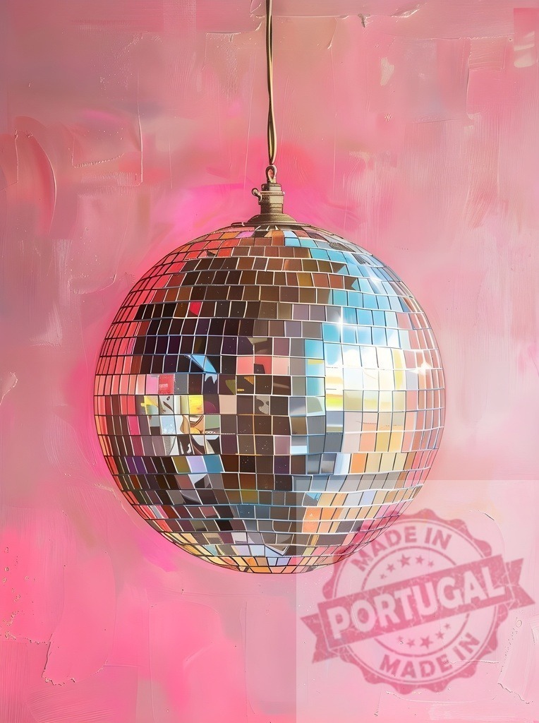 Disco mirror ball reflecting light on pink background | Disco ball hanging, reflecting bright light and creating a festive party vibe - Realized with Pictrs.com