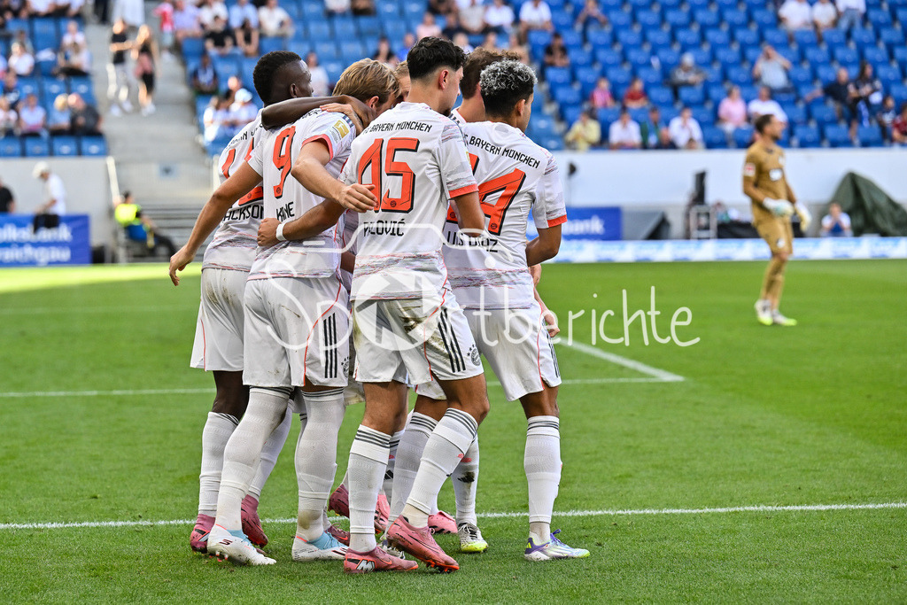 TSG 1899 Hoffenheim - FC Bayern München | Jubel der Bayern nach dem Treffer zum 0-2 durch Harry KANE (FC Bayern Muenchen 9) / Elfmeter / Tor / Torschuetze / Freude / Happy / Bundesliga: TSG 1899 Hoffenheim - FC Bayern München; PreZero-Arena am 20.09.2025 / DFL REGULATIONS PROHIBIT ANY USE OF PHOTOGRAPHS AS IMAGE SEQUENCES AND/OR QUASI-VIDEO